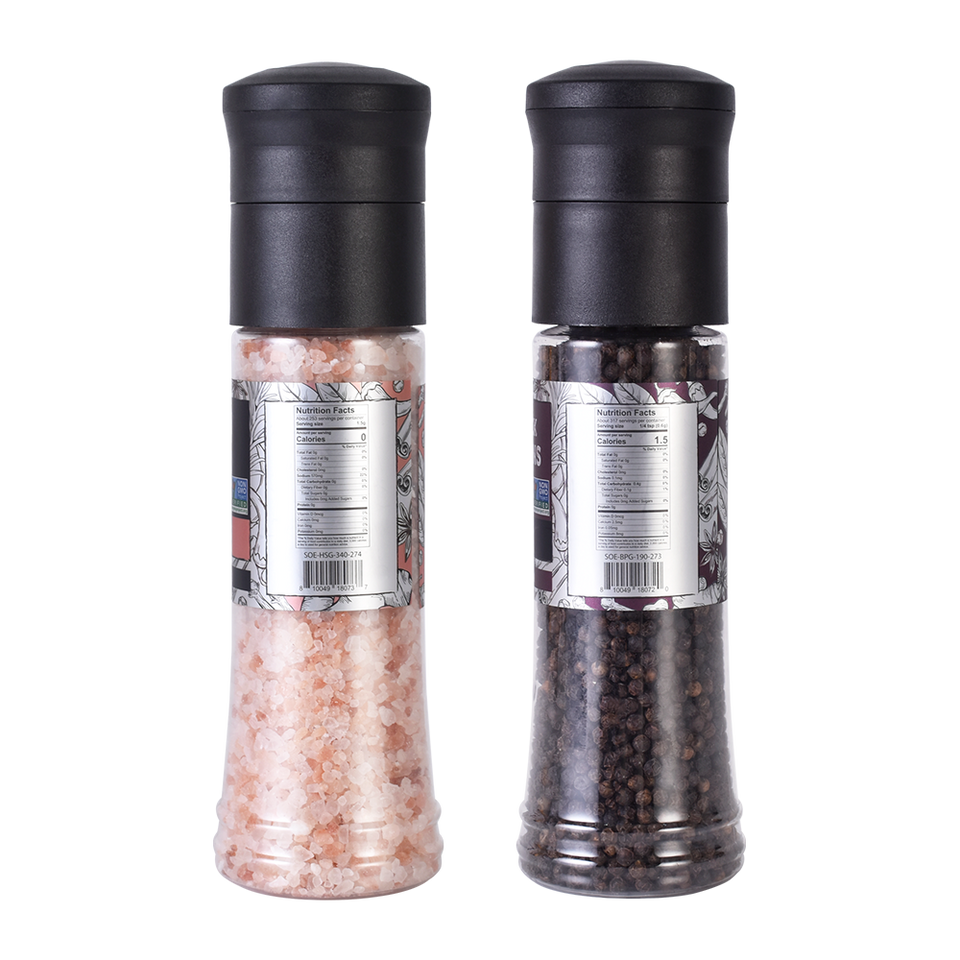Soeos Whole Black Peppercorns 190g and Soeos Himalayan Pink Salt 380g (Grinders)