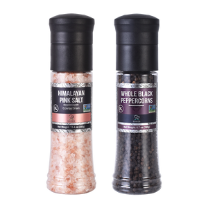 Soeos Whole Black Peppercorns 190g and Soeos Himalayan Pink Salt 380g (Grinders)