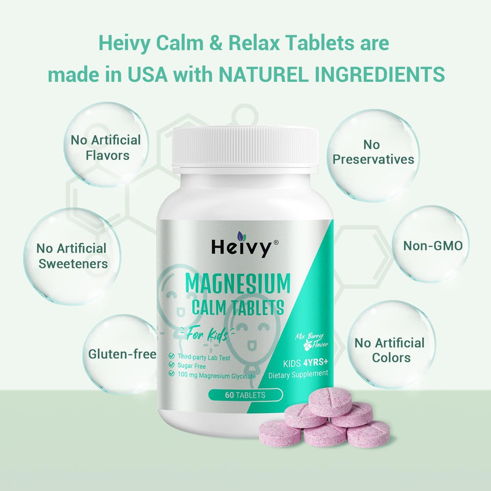 Heivy Kids Calming Supplement, Contains Magnesium Glycinate 100mg & Vitamin B6, Support Calm & Relax, Calm Mind and Body, Berry Flavor for Age 4+ (60 Servings), Vegan, Gluten-Free, Made in USA
