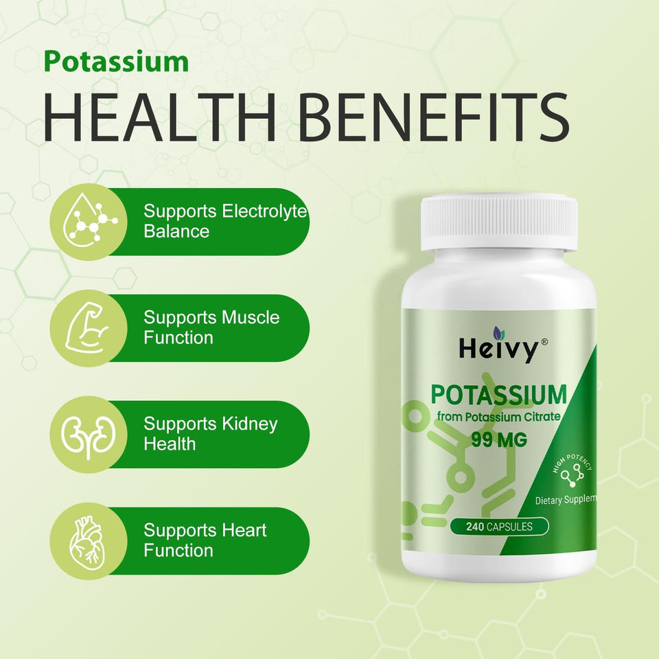 Heivy Potassium Citrate 99mg, Potassium Supplements, Supports Electrolyte Balance, Mineral Supplements, Lab Tested, Made in USA