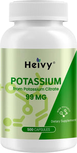 Heivy Potassium Citrate 99mg – 500 Capsules | Potassium Supplement for Electrolyte Support | Vegan, Gluten-Free| Lab Tested | Made in USA
