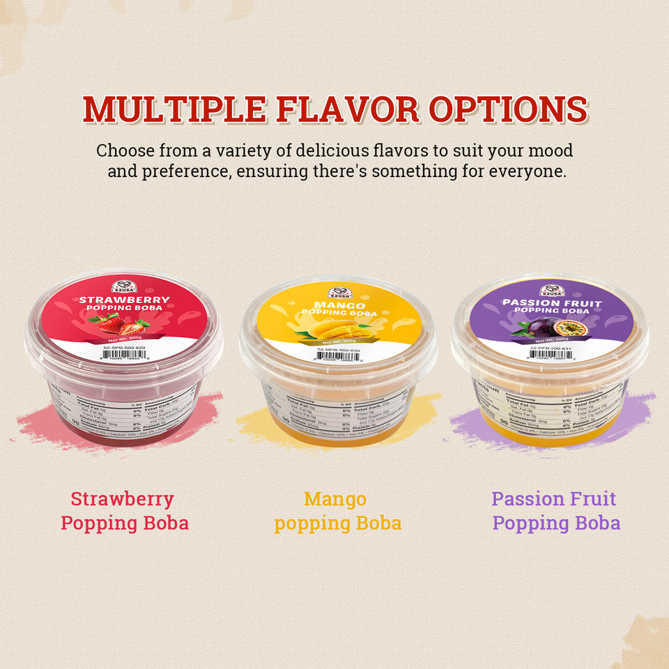 52USA Summer Burst Boba 4-Flavor Pack: Strawberry, Mango, Lychee & Passion Fruit Popping Boba (500g Each) – DIY Topping Kit for Bubble Tea & Chilled Drinks