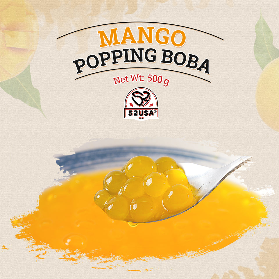 52USA Mango Bubble Tea Duo Kit: Popping Boba (500g) & Black Tapioca Pearls (2 Pack) – Must-Have Mango Drink DIY Set
