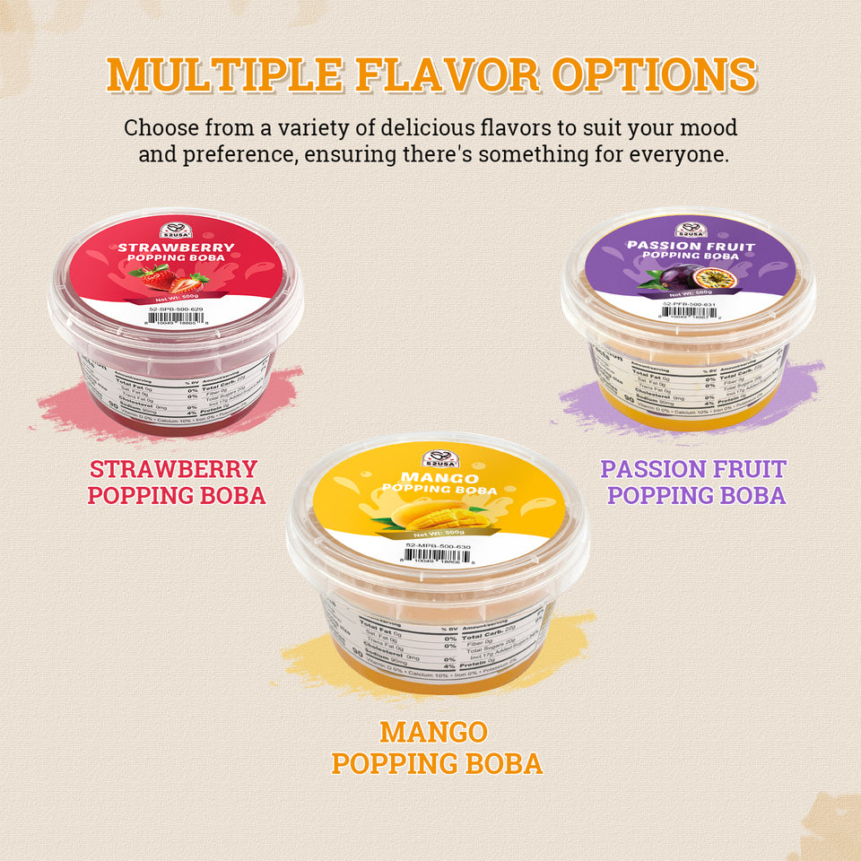 52USA Fruit Popping Boba 3-Flavor Variety Pack: Passion Fruit, strawberry & Mango (500g Each) – Must-Have DIY Boba Topping Kit