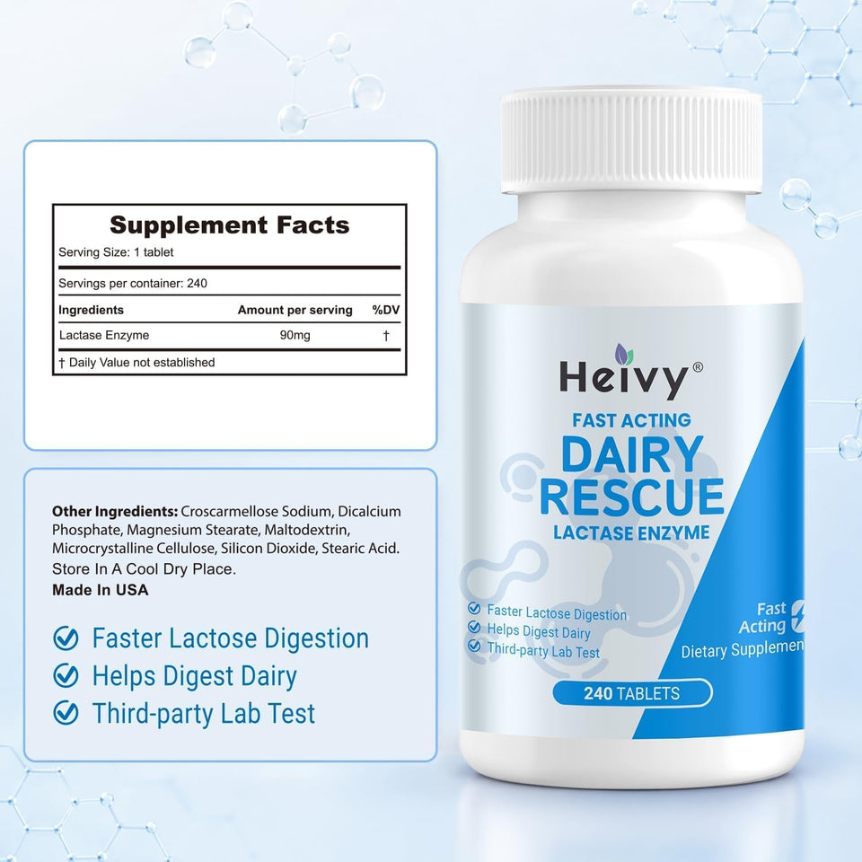 Heivy Lactase Enzyme 9000 FCC, 240 Tablets | 1 Per Serving, Made in USA GMP Certified Facility, Allergen Free, Digestive Support for Lactose Intolerance