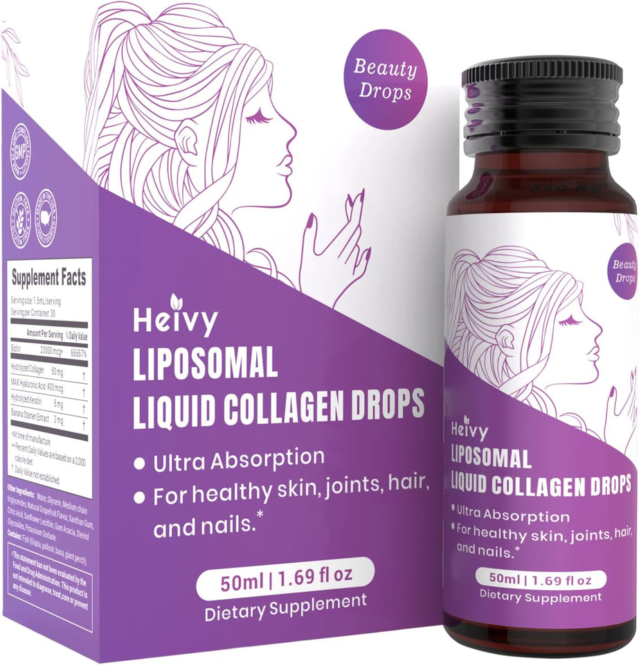 Heivy High Potency Biotin & Collagen 70,000 mcg Liquid Drops for Women, Hair Growth Support, Strong Skin Nails - Made in USA - 50mL