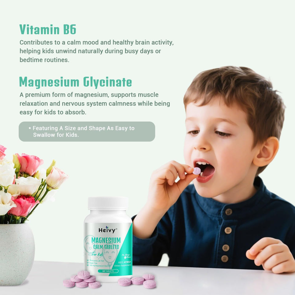 Heivy Kids Calming Supplement, Contains Magnesium Glycinate 100mg & Vitamin B6, Support Calm & Relax, Calm Mind and Body, Berry Flavor for Age 4+ (60 Servings), Vegan, Gluten-Free, Made in USA