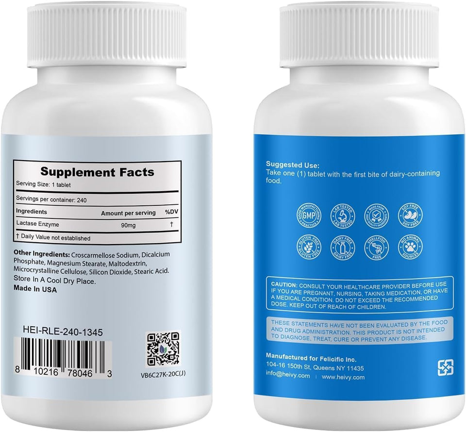 Heivy Lactase Enzyme 9000 FCC, 240 Tablets | 1 Per Serving, Made in USA GMP Certified Facility, Allergen Free, Digestive Support for Lactose Intolerance