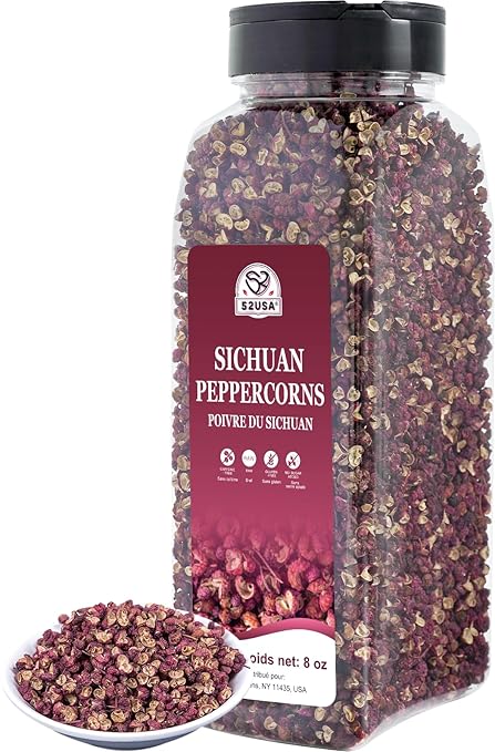 52USA Sichuan Peppercorns, Szechuan Peppercorns 8oz Bottle –Authentic Whole Red Sichuan Pepper, Strong Flavor with Tingly Numbness, Essential Spice for Mapo Tofu, Kung Pao Chicken, Asian Cuisine