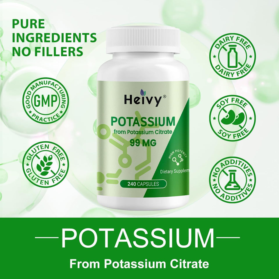 Heivy Potassium Citrate 99mg – 500 Capsules | Potassium Supplement for Electrolyte Support | Vegan, Gluten-Free| Lab Tested | Made in USA