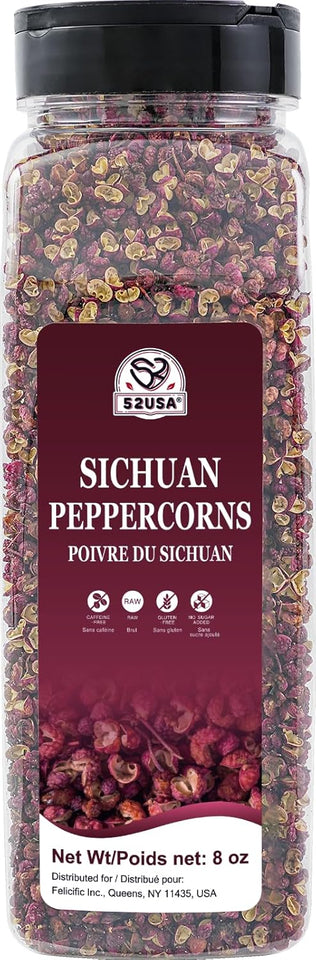 52USA Sichuan Peppercorns, Szechuan Peppercorns 8oz Bottle –Authentic Whole Red Sichuan Pepper, Strong Flavor with Tingly Numbness, Essential Spice for Mapo Tofu, Kung Pao Chicken, Asian Cuisine