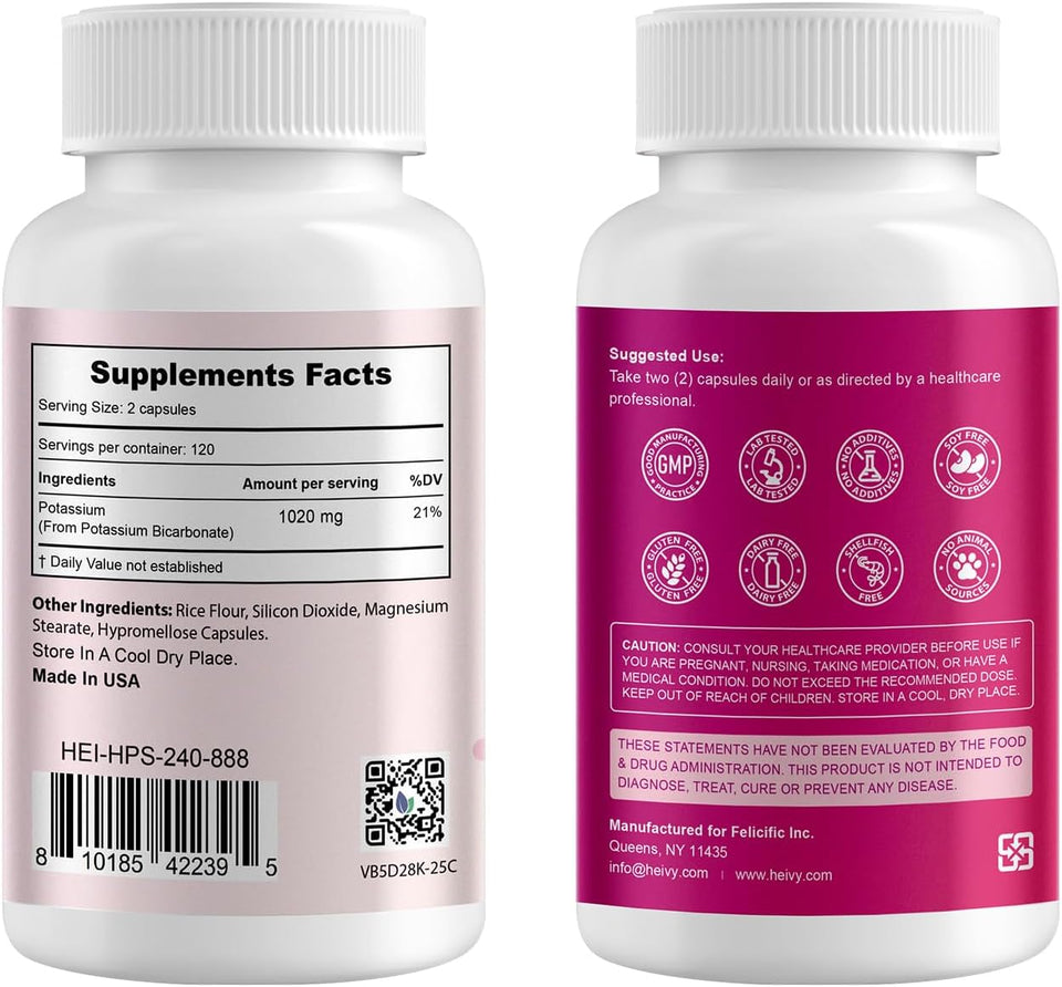 Heivy Potassium 1020 mg – Electrolyte & Heart Support | 240 Veg Capsules