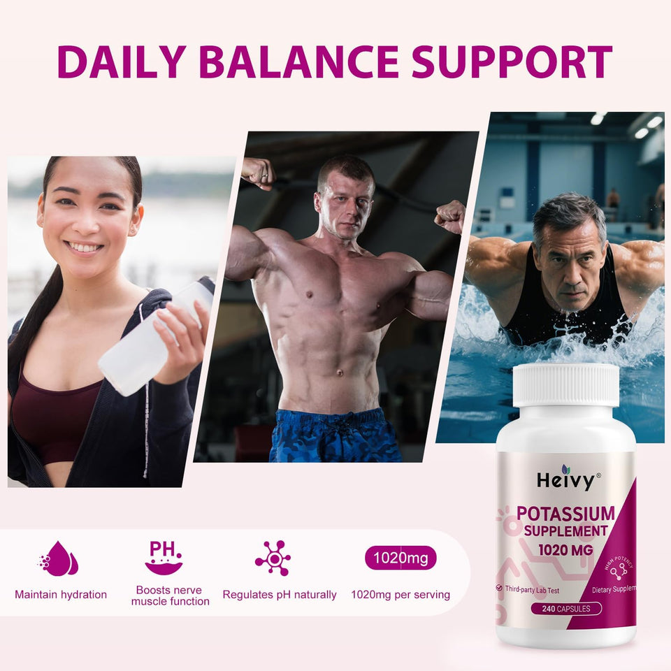 Heivy Potassium 1020 mg – Electrolyte & Heart Support | 240 Veg Capsules
