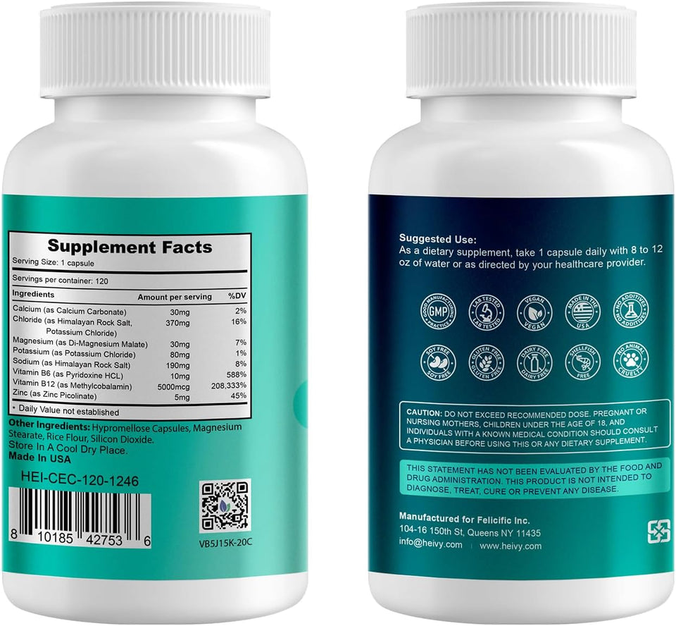 Heivy Pure Electrolytes Complex Capsules – 7-in-1 Hydration & Muscle Support, Vegan, Allergen-Free, 120 Capsules (US GMP Certified)