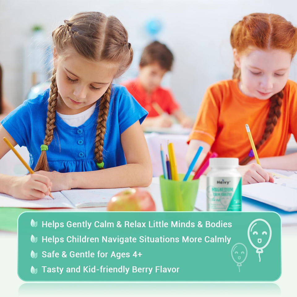 Heivy Kids Calming Supplement, Contains Magnesium Glycinate 100mg & Vitamin B6, Support Calm & Relax, Calm Mind and Body, Berry Flavor for Age 4+ (60 Servings), Vegan, Gluten-Free, Made in USA