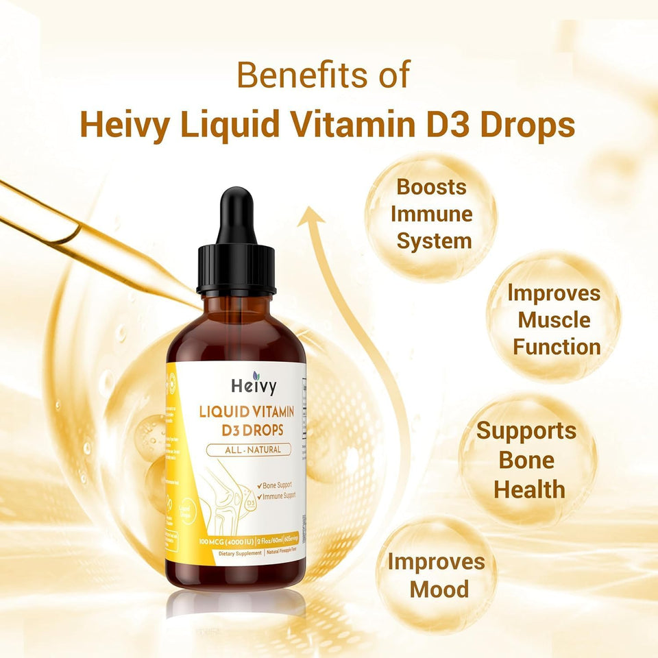 Heivy Liquid Vitamin D3 Drops 4000 IU – Pineapple Flavor | Bone & Immune Support | 2 fl oz (Pack of 2)
