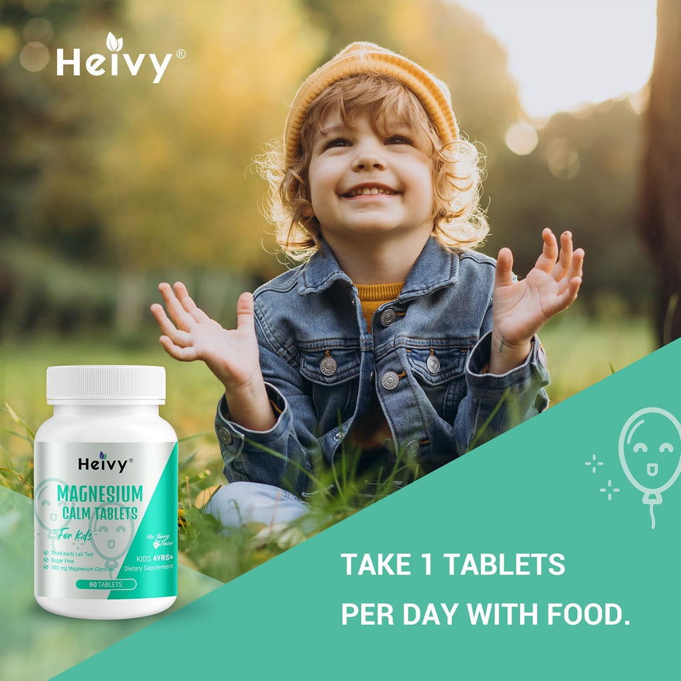 Heivy Kids Calming Supplement, Contains Magnesium Glycinate 100mg & Vitamin B6, Support Calm & Relax, Calm Mind and Body, Berry Flavor for Age 4+ (60 Servings), Vegan, Gluten-Free, Made in USA