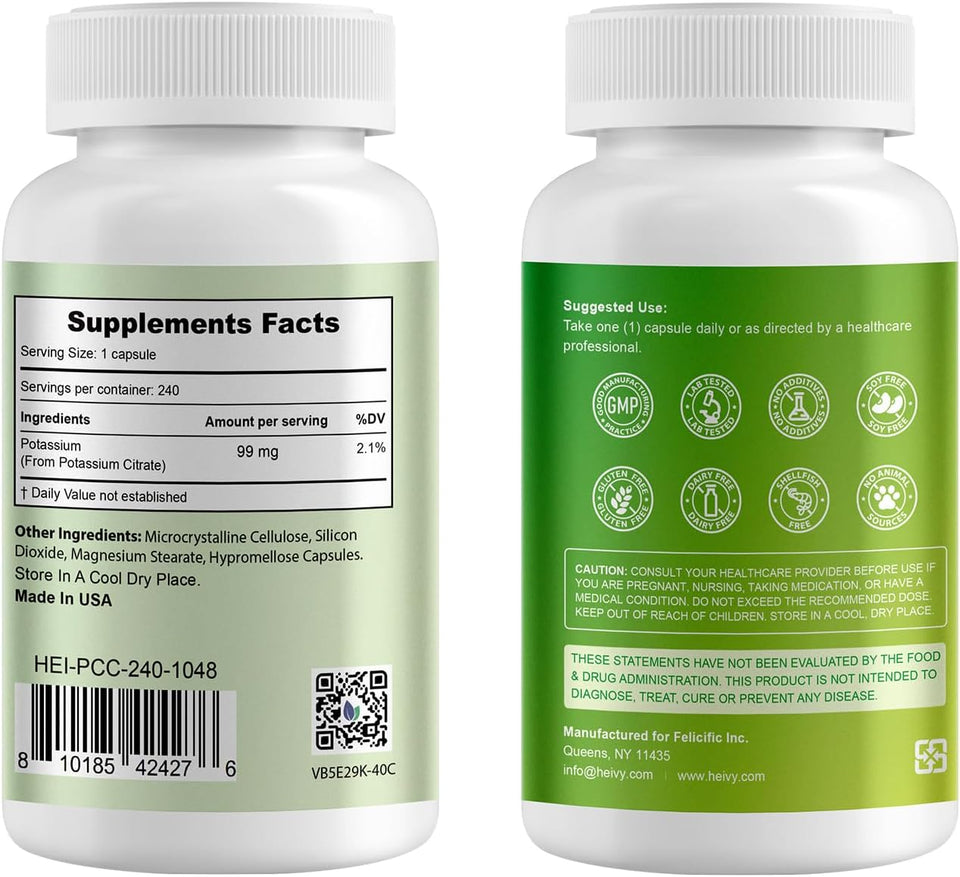 Heivy Potassium Citrate 99mg, Potassium Supplements, Supports Electrolyte Balance, Mineral Supplements, Lab Tested, Made in USA