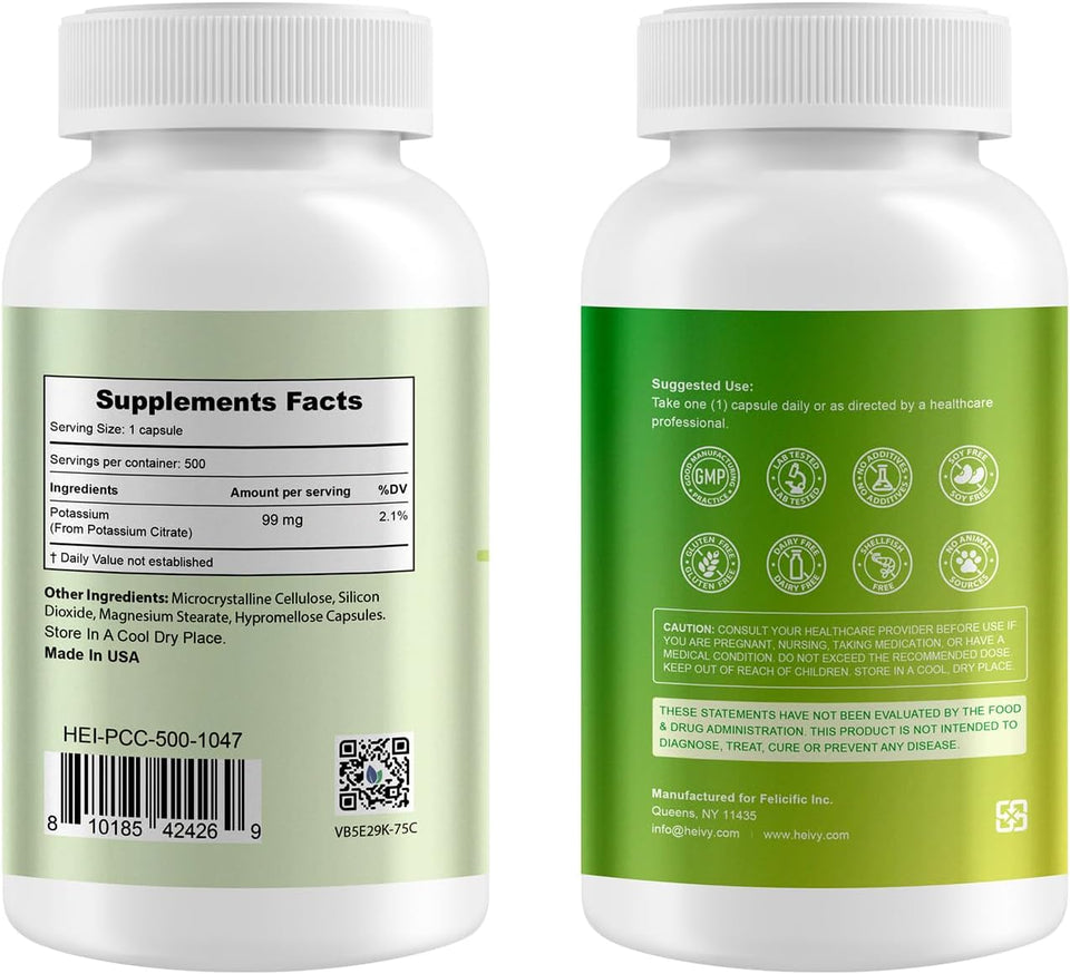 Heivy Potassium Citrate 99mg – 500 Capsules | Potassium Supplement for Electrolyte Support | Vegan, Gluten-Free| Lab Tested | Made in USA