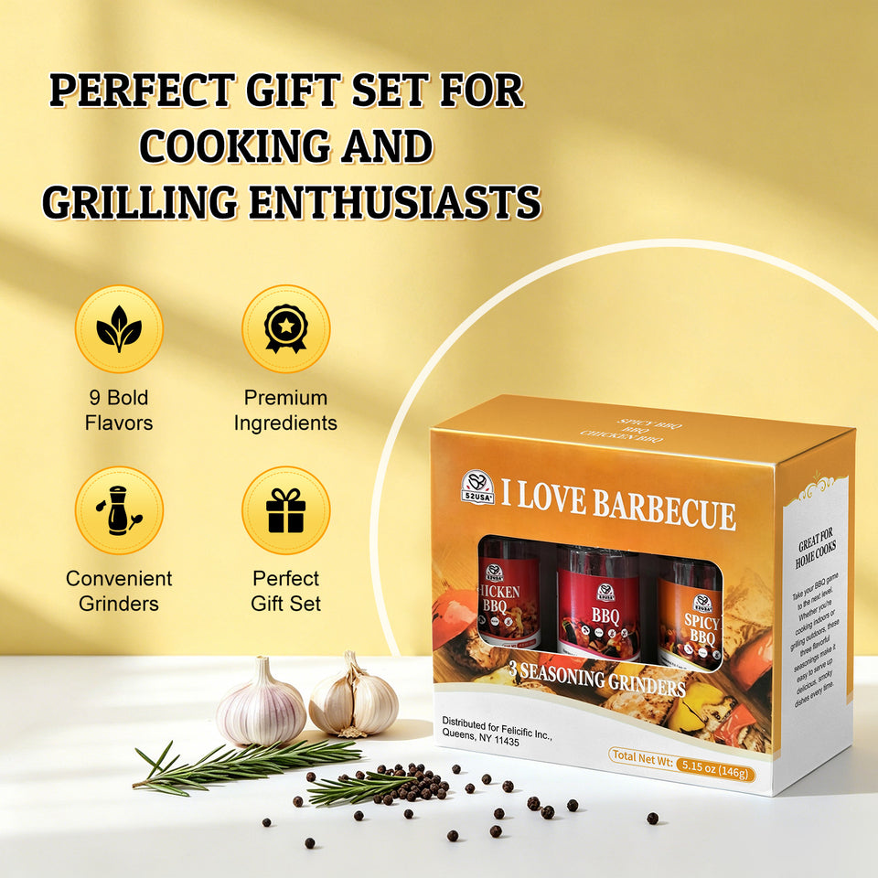 52usa Spice Seasoning Set of 9 with Integrated Grinders, Individual Spice Grinder, Pure and Fresh Perfect for BBQ Seasoning Gift Set, Grilling Spice, Pepper Grinder