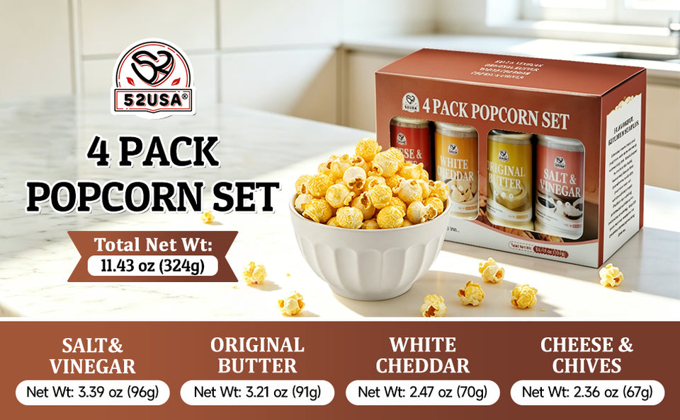 52USA Popcorn Seasoning Set, Multi-Flavor Variety Pack, Popcorn Spice Set | White Cheddar Cheese, Original Butter, Cheese & Chives, Salt & Vinegar, Old Fashioned (Pack of 4)