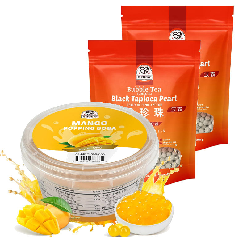 52USA Mango Bubble Tea Duo Kit: Popping Boba (500g) & Black Tapioca Pearls (2 Pack) – Must-Have Mango Drink DIY Set