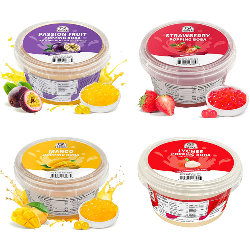 52USA Summer Burst Boba 4-Flavor Pack: Strawberry, Mango, Lychee & Passion Fruit Popping Boba (500g Each) – DIY Topping Kit for Bubble Tea & Chilled Drinks