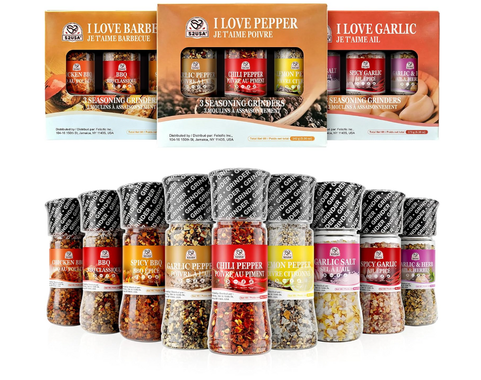 52usa Spice Seasoning Set of 9 with Integrated Grinders, Individual Spice Grinder, Pure and Fresh Perfect for BBQ Seasoning Gift Set, Grilling Spice, Pepper Grinder