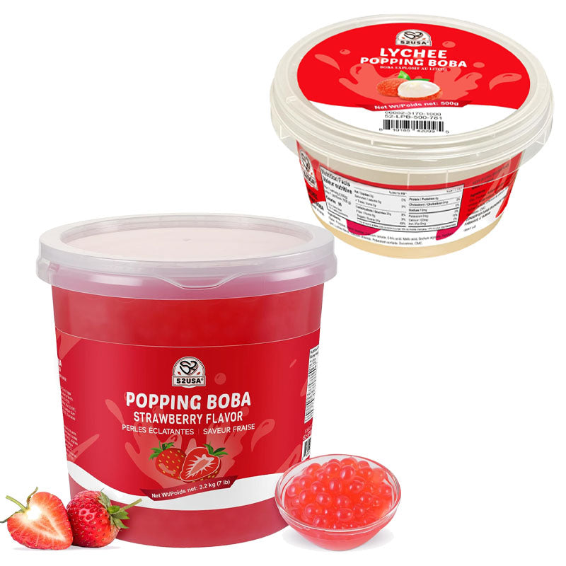 52USA Popping Boba Variety Pack, Bursting Boba Pearls for Bubble Tea, Beverages, Ice Cream (Strawberry 7 LB + Lychee 1.1 LB)