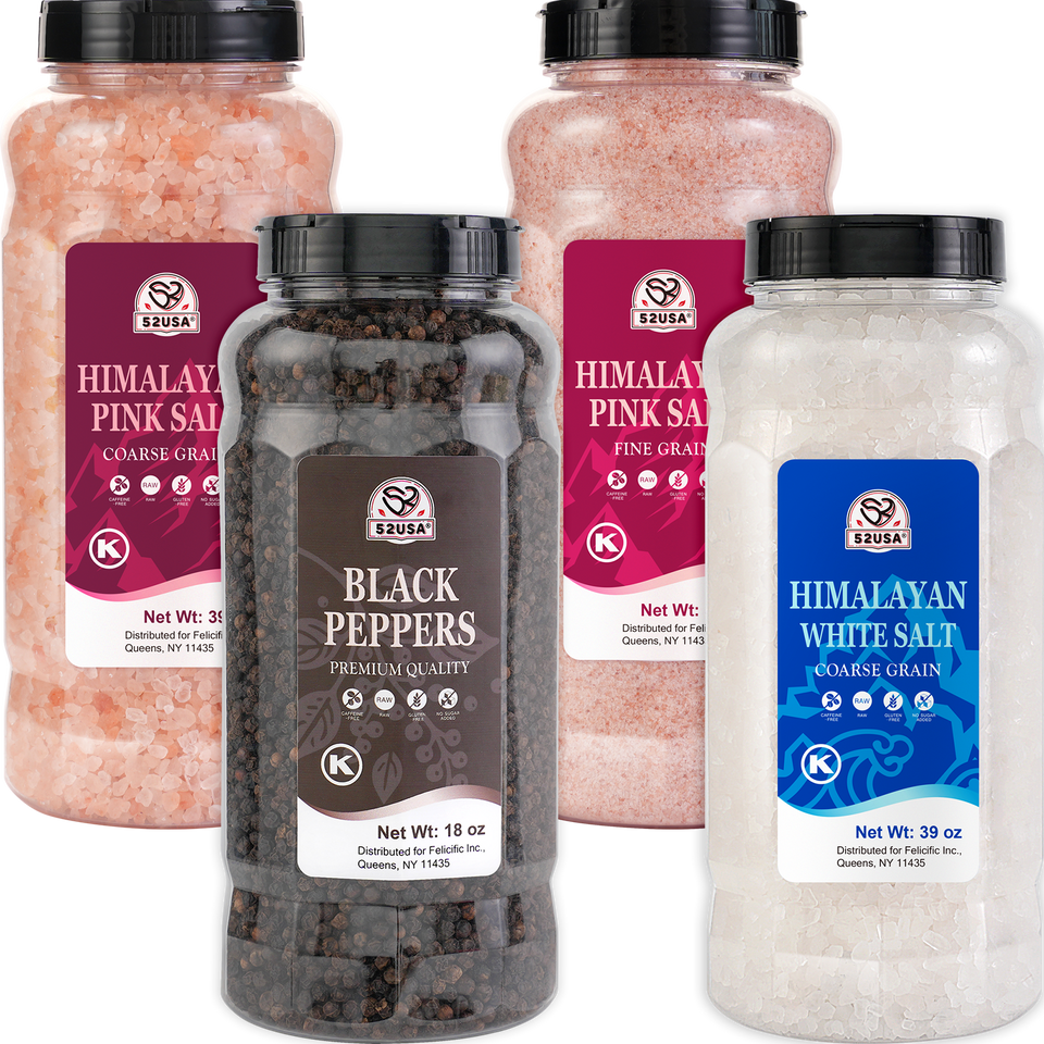 52USA Salt & Pepper Grinder Refill Bundle: Coarse Pink Salt 39 oz + Fine Pink Salt 39 oz + White Salt Coarse 39 oz + Whole Black Peppercorns 18 oz – 4-Bottle Seasoning Set
