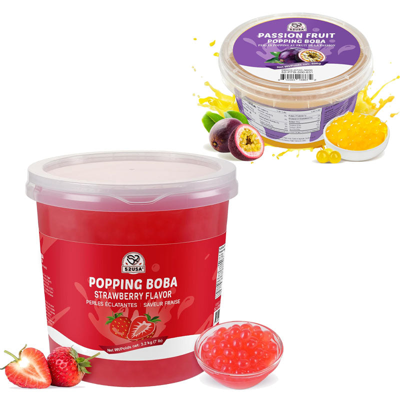52USA Popping Boba Variety Pack, Bursting Boba Pearls for Bubble Tea, Beverages, Ice Cream (Strawberry 7 LB + Passion Fruit 1.1 LB)