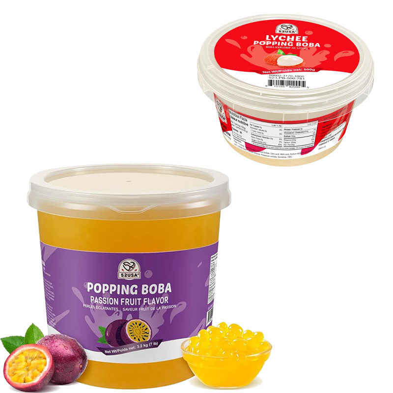 52USA Passion Fruit & Lychee Popping Boba Duo: Passion Fruit 3.2kg + Lychee 500g – DIY Topping Kit for Bubble Tea & Summer Drinks