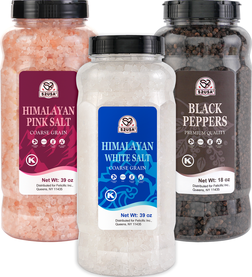 52USA Grinder Refill Trio: Fine Pink Salt 39 oz + Coarse White Salt 39 oz + Whole Black Peppercorns 18 oz – 3-Bottle Seasoning Set