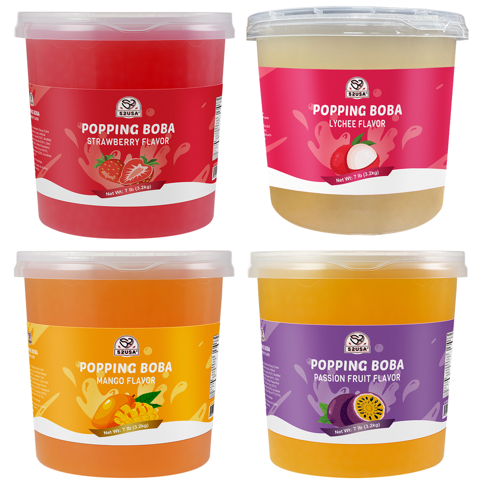52USA Popping Boba 4 Flavor Set: Passion Fruit, Strawberry, Mango & Lychee – The Most Popular Fruit Flavors, Bursting Boba for Bubble Tea & Summer Drinks