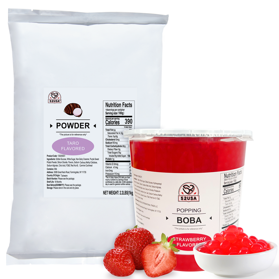 52USA Strawberry Taro Kit: Strawberry Popping Boba + Taro Powder – DIY Creamy Purple Bubble Tea Set