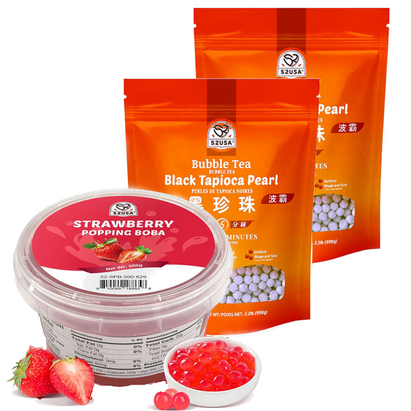 52USA Bubble Tea Must-Have Duo: Quick Cook Black Tapioca Pearls (2 Pack) 52USA Bubble Tea Must-Have Duo: Quick Cook Black Tapioca Pearls (2 Pack) & Strawberry Popping Boba (1 Pack) – DIY Boba Drink Kit DIY Boba Drink Kit