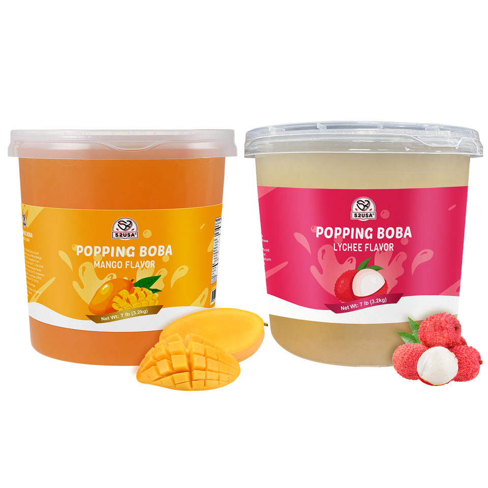 52USA Tropical Fruits Collection Popping Boba Duo: Mango + Lychee – Bursting Fruit Pearls for Milk Tea, Summer Drinks & Family Parties