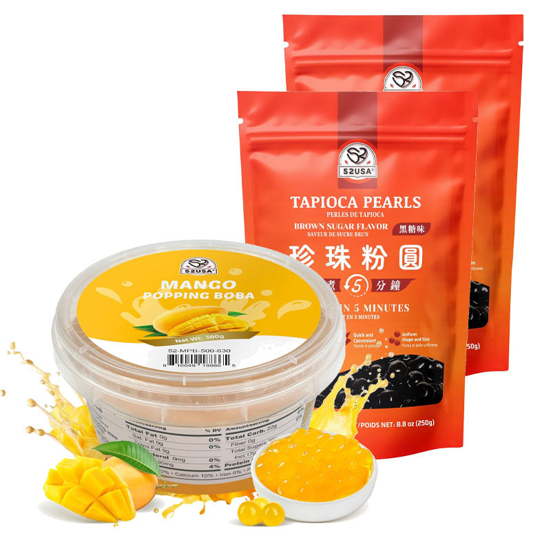 52USA Mango Bubble Tea Duo Kit: Popping Boba (500g) & Black Tapioca Pearls (2 Pack) – Must-Have Mango Drink DIY Set